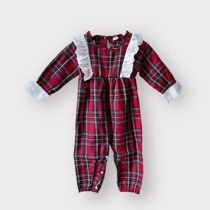 New Boutique Romper Tartan Plaid Eyelet Trim red girls 12M